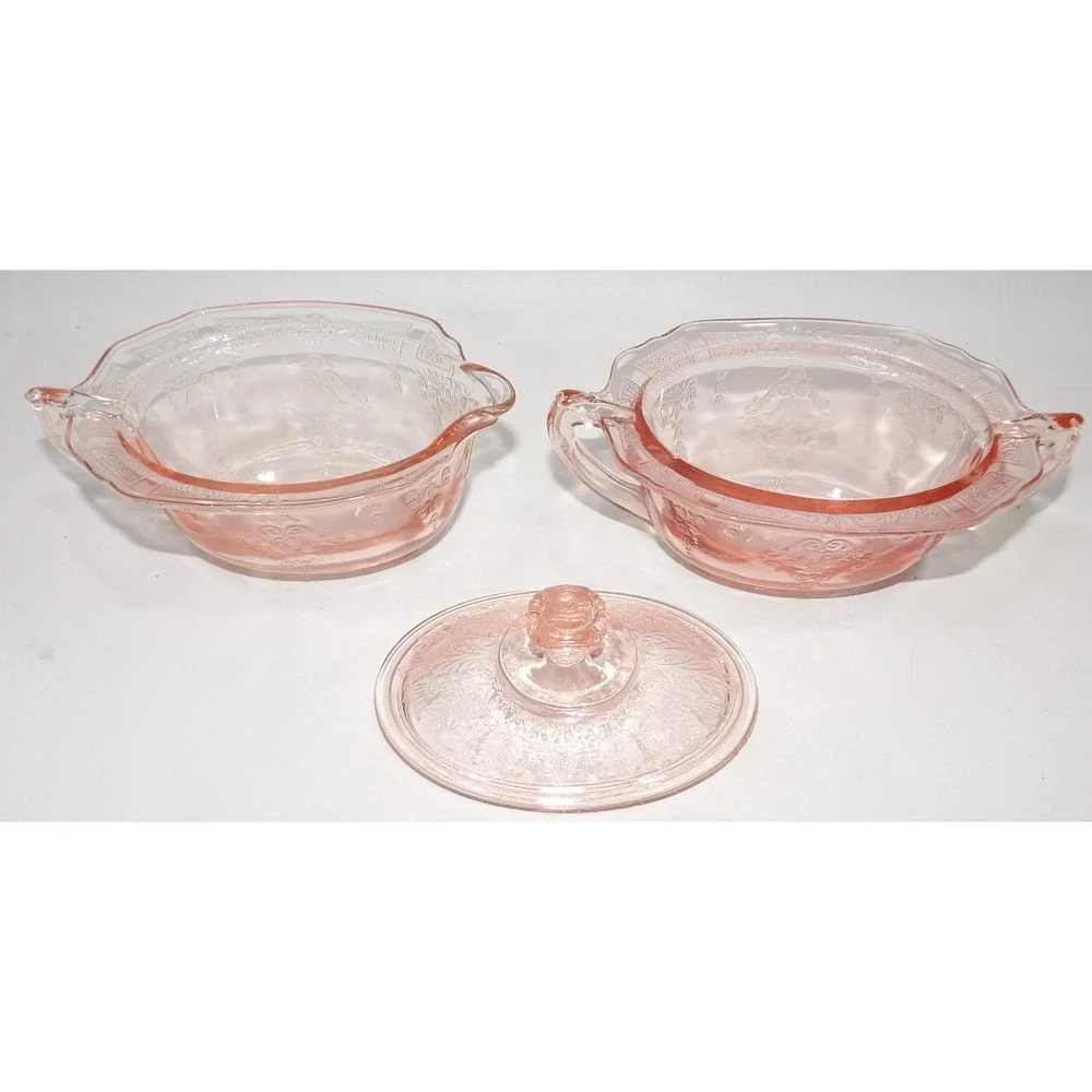 Hocking Glass Pink Depression Glass Princess Sugar Bowl with Lid and Creamer Set